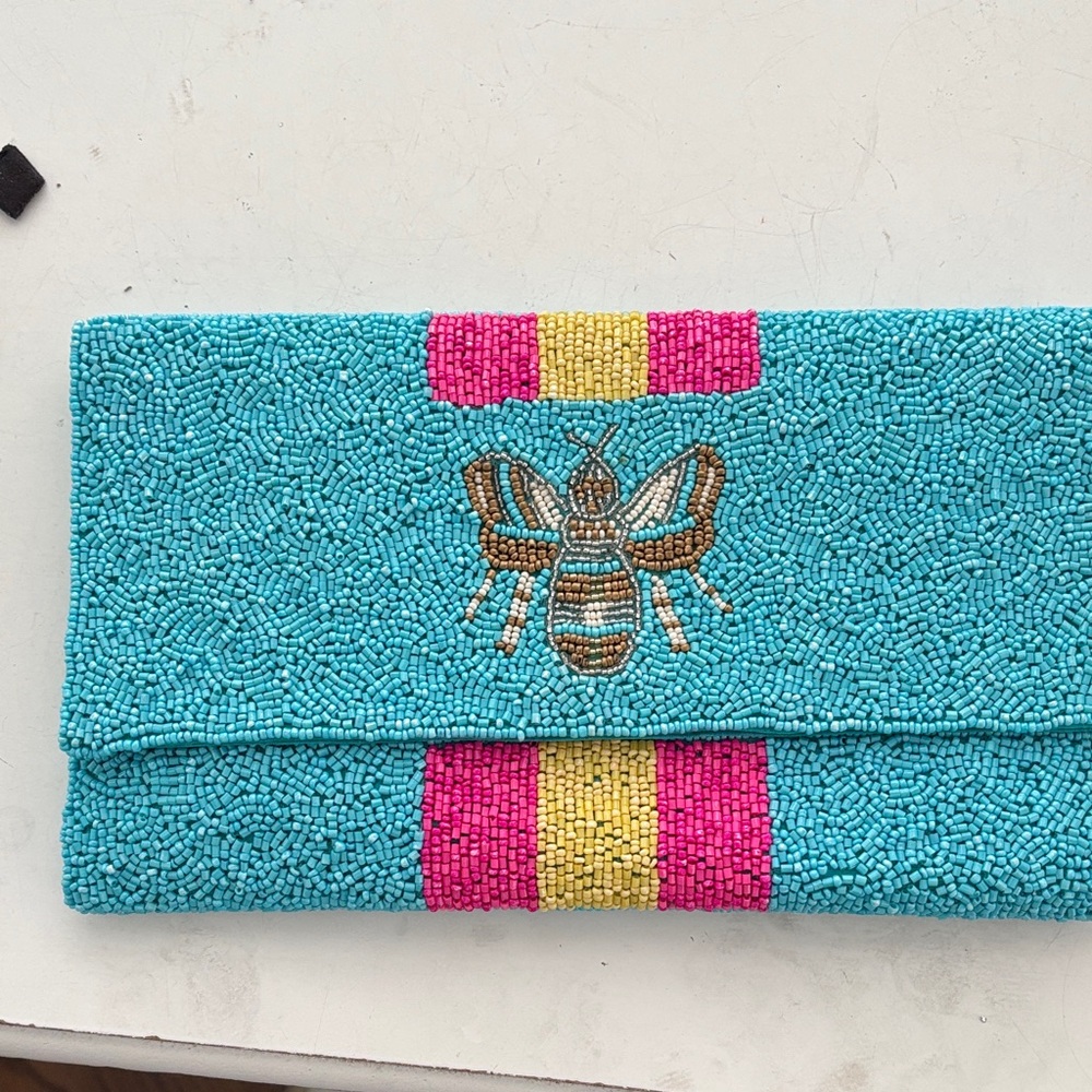 Vibrant Turquoise Beaded Clutch with Bee Motif